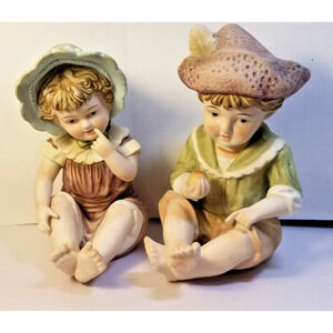 Andrea by Sadek 2 Piano Babies Porcelain Bisque Boy Girl Figurine VTG 1960s